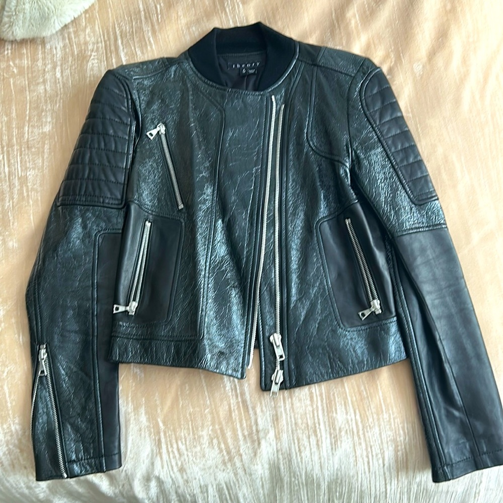 Theory black leather moto jacket